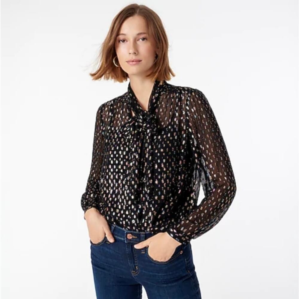 J. Crew Tie Neck Sheer Rainbow Lurex Dot Blouse Top In Black Size XS - Picture 2 of 14